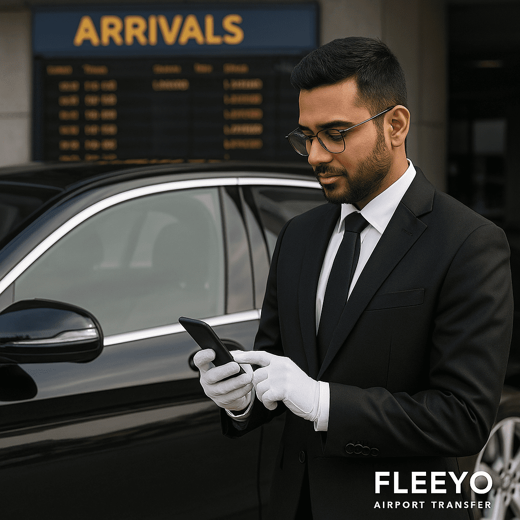 About Us 3 Fleeyo taxi driver tracking flight arrival for on-time airport pickup in Cambridge