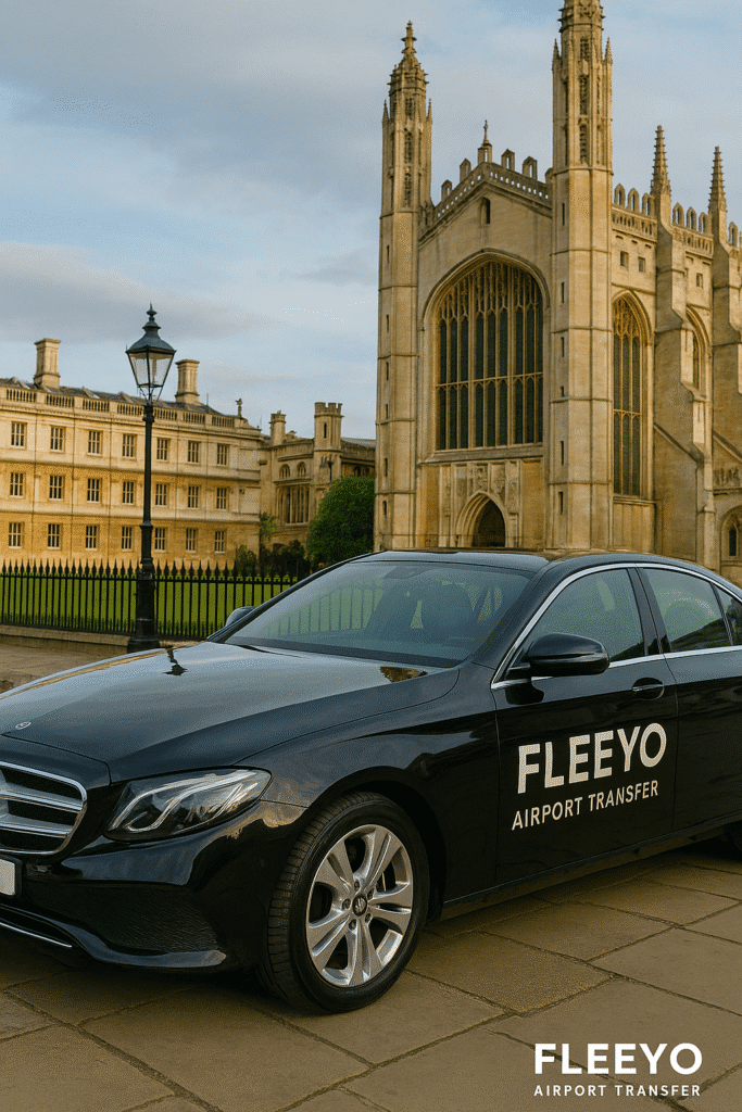 About Us 1 Fleeyo airport taxi parked near King’s College Cambridge, showcasing local taxi service