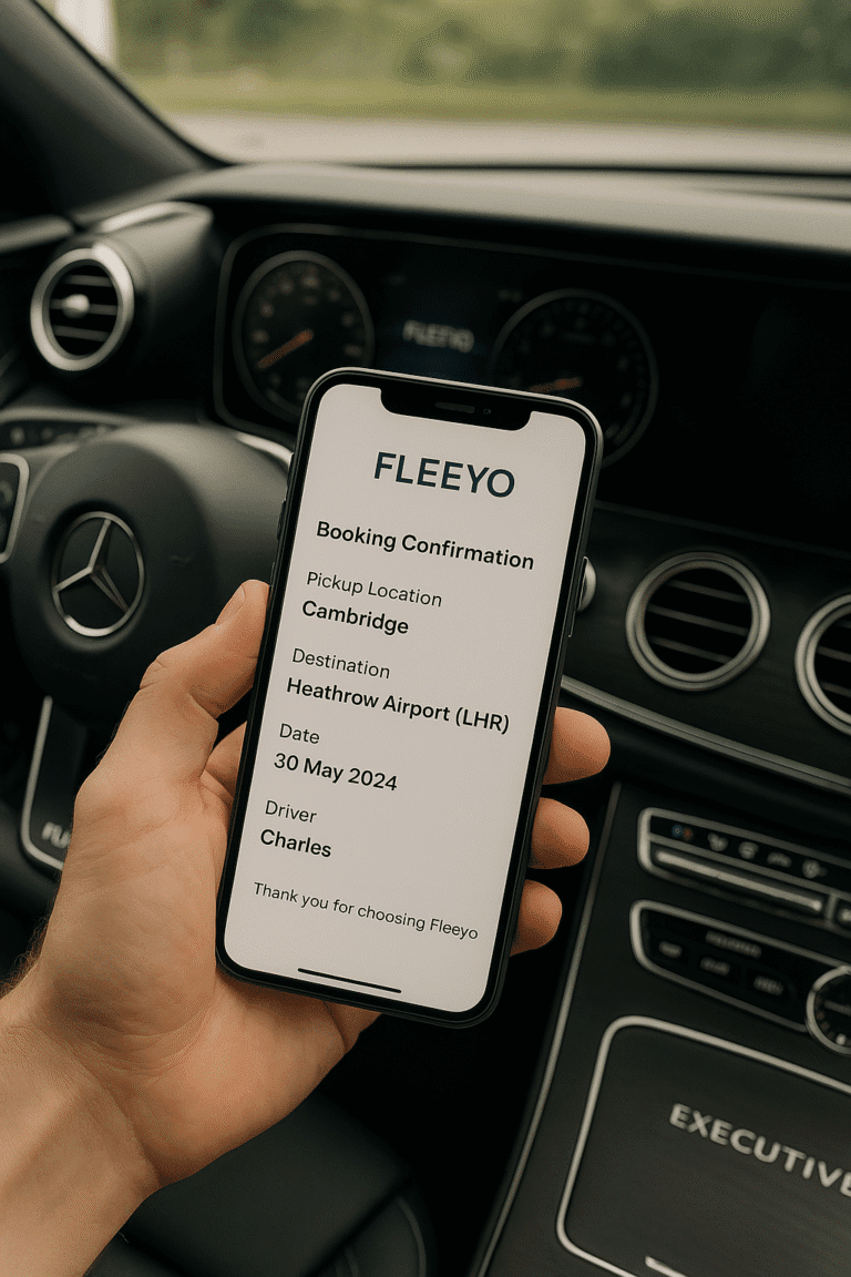 About Us 2 A hand holding a smartphone showing a Fleeyo booking confirmation for a Cambridge to Heathrow airport transfer, displayed inside a luxury Mercedes vehicle.