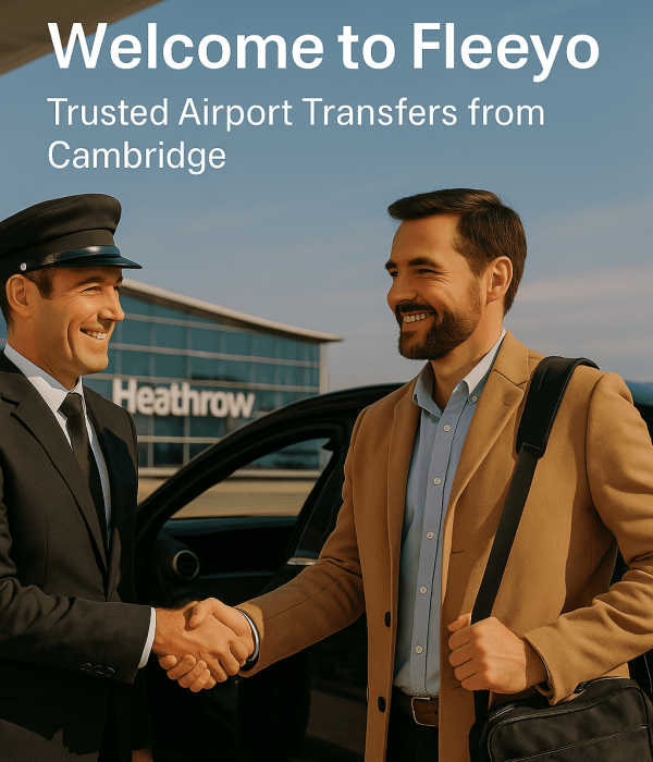 Welcome to Fleeyo – Trusted Cambridge Airport Transfers Fleeyo driver welcoming a passenger with a handshake outside Heathrow Airport, with clear branding and a warm, professional vibe.